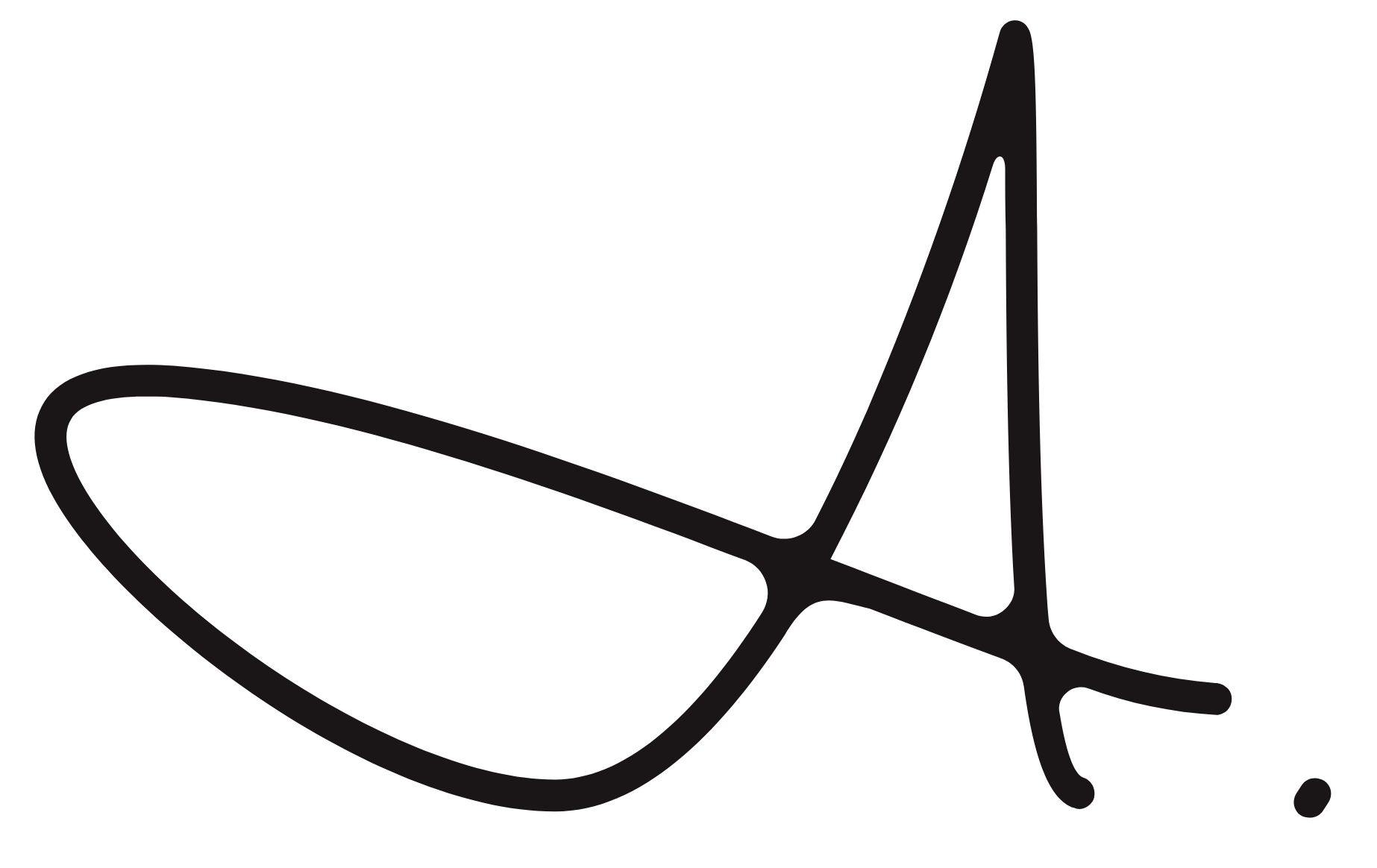 Signature-style logo with a stylized letter 'A' on a white background