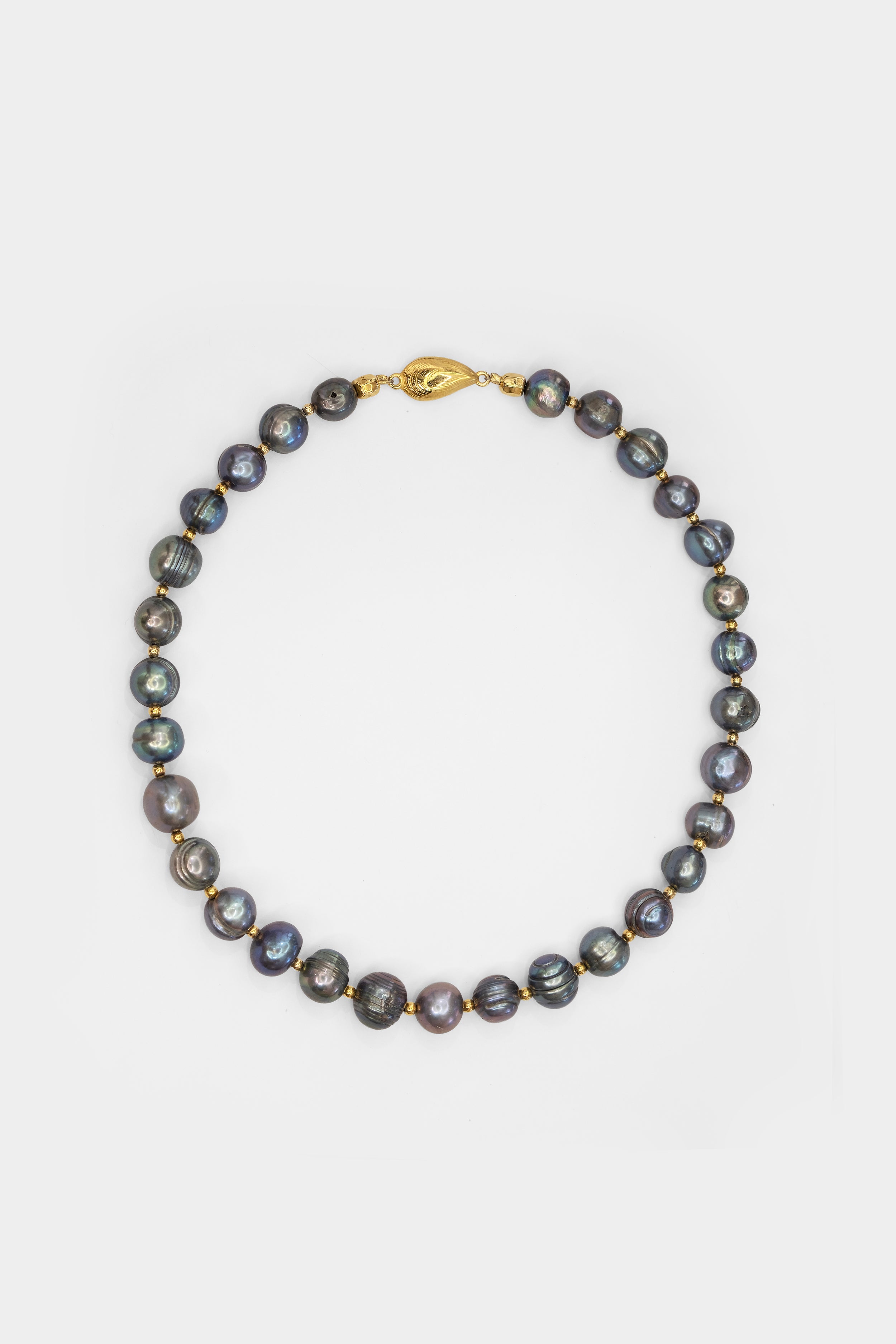 black Pearl necklace with gold clasp on a white background
