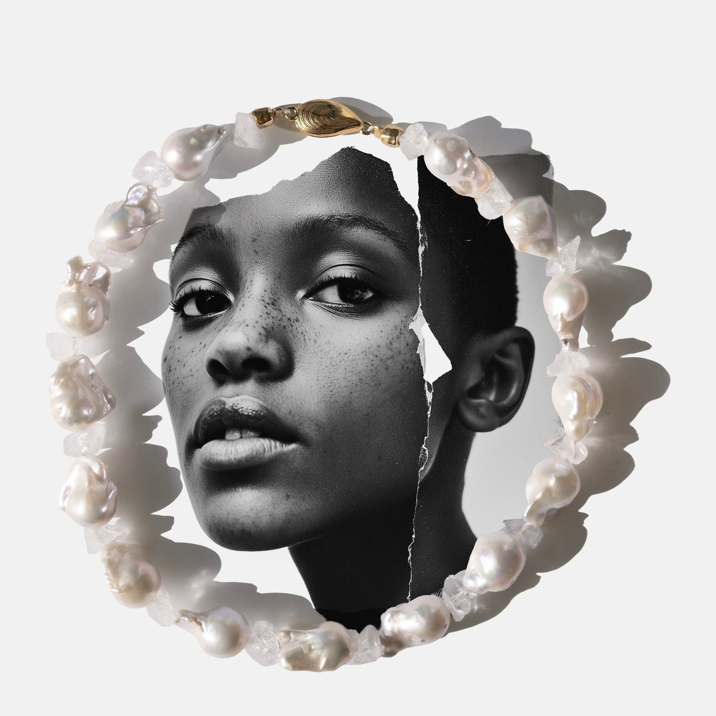 Pearl necklace with a circular frame around a person's face as a collage on a light gray background