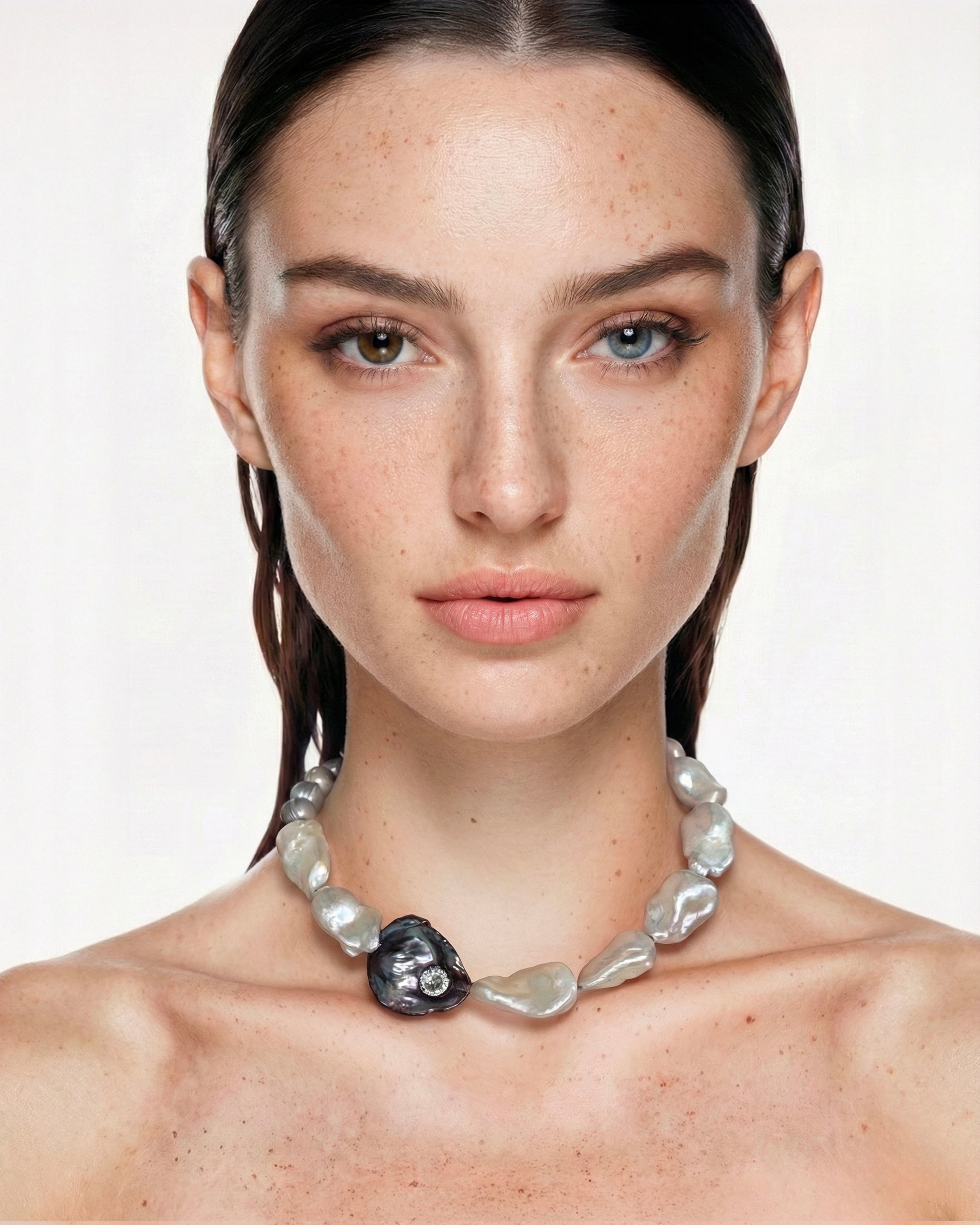 Woman wearing a necklace with a white background