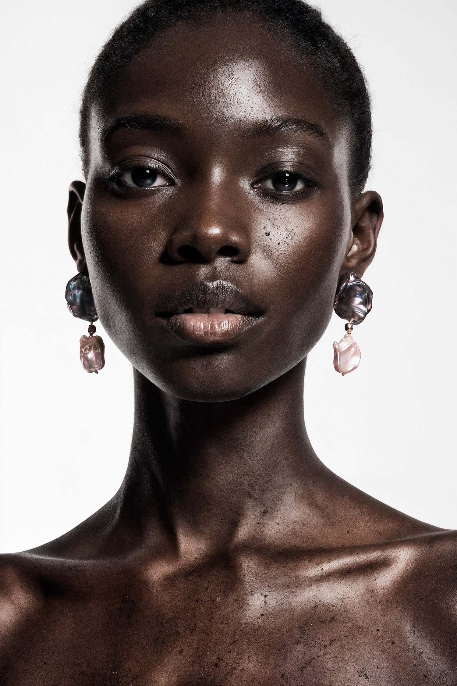 Black Keshi & White Baroque Pearl Earrings