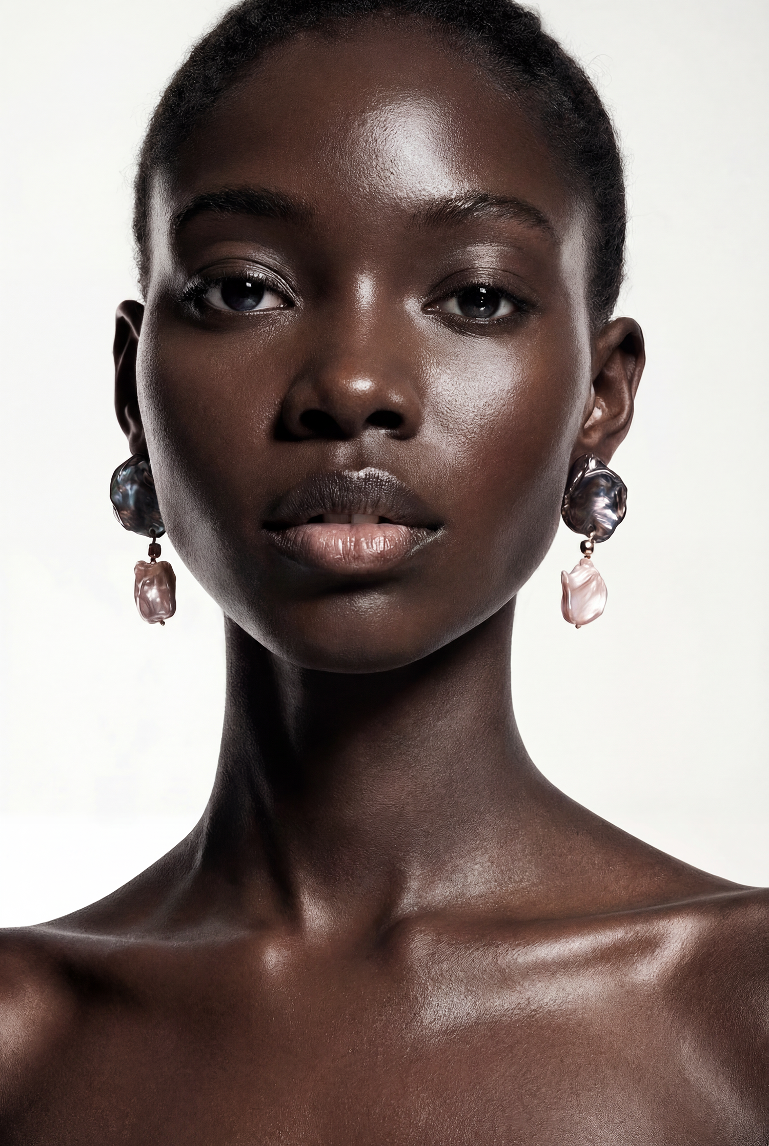 Black Keshi & White Baroque Pearl Earrings